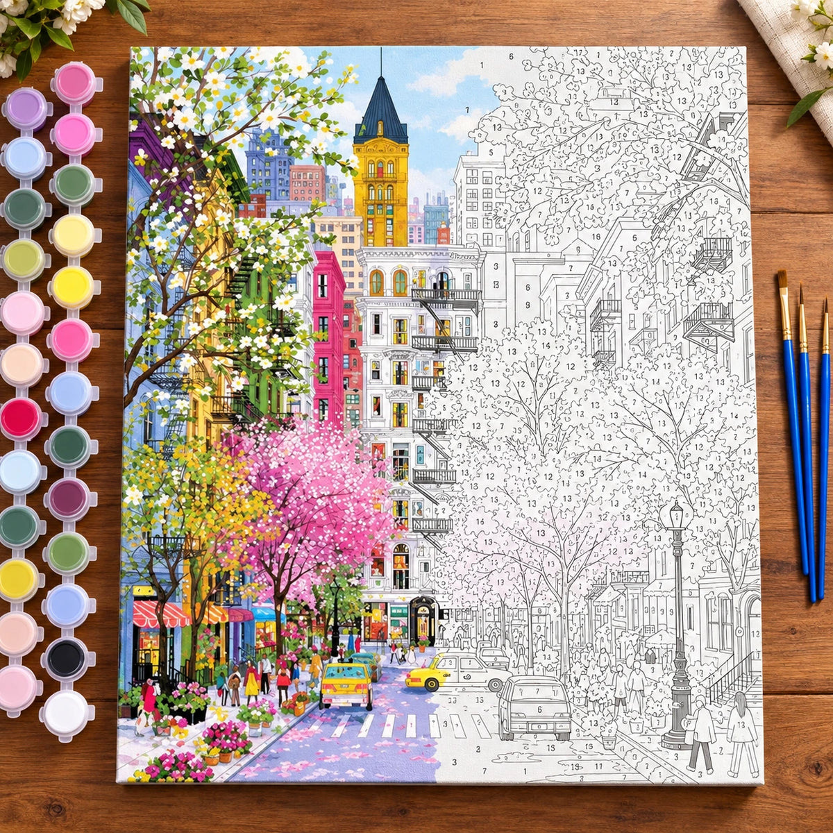 Colorful Blossom Lined City Street numbered canvas being painted with acrylic paints and brushes