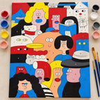 Complete Colorful Cartoon Faces Pop Art numbered canvas being painted with acrylic paints and brushes