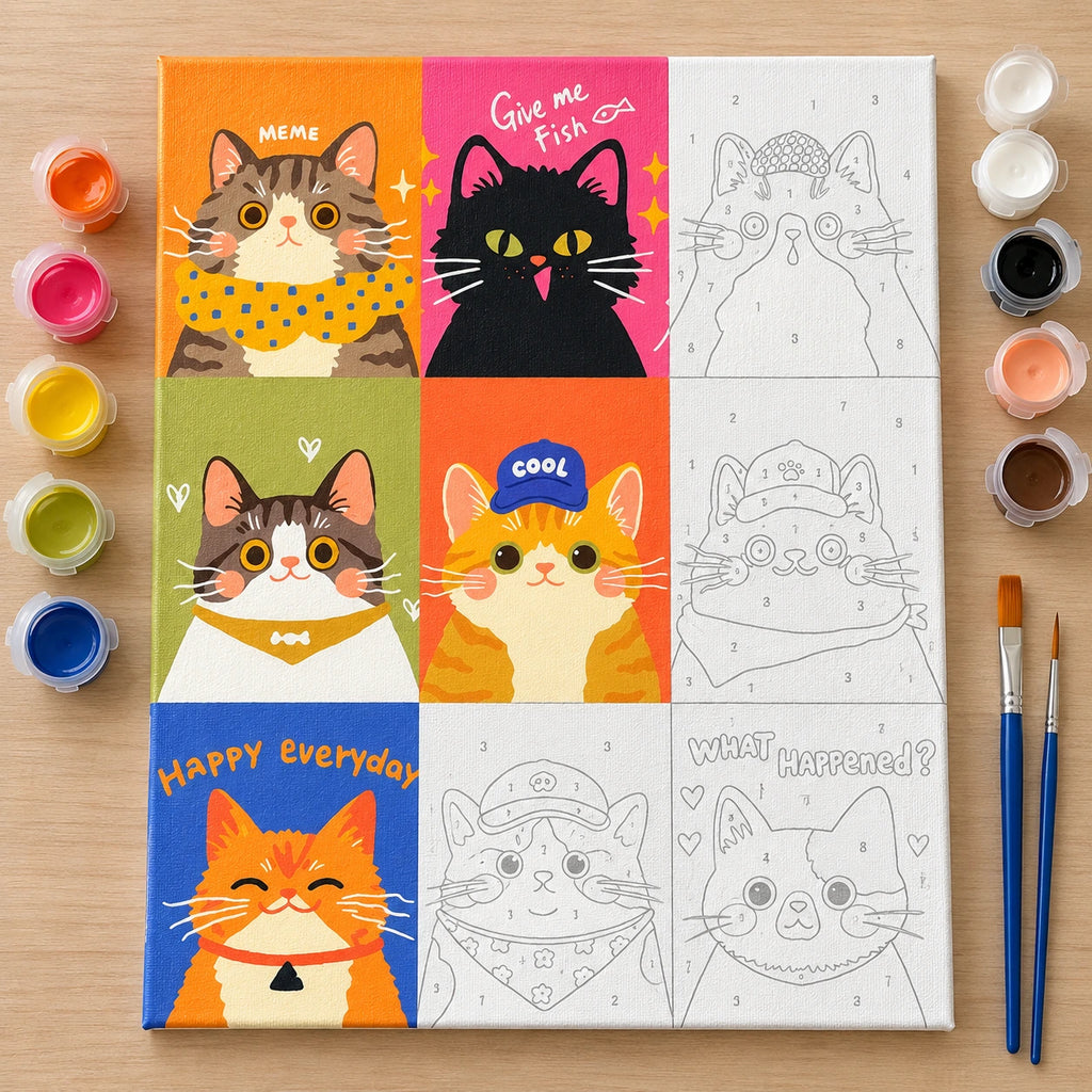 Colorful Colorful Cat Meme Collage numbered canvas being painted with acrylic paints and brushes