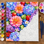 Colorful Dahlias Hydrangeas and Berries numbered canvas being painted with acrylic paints and brushes