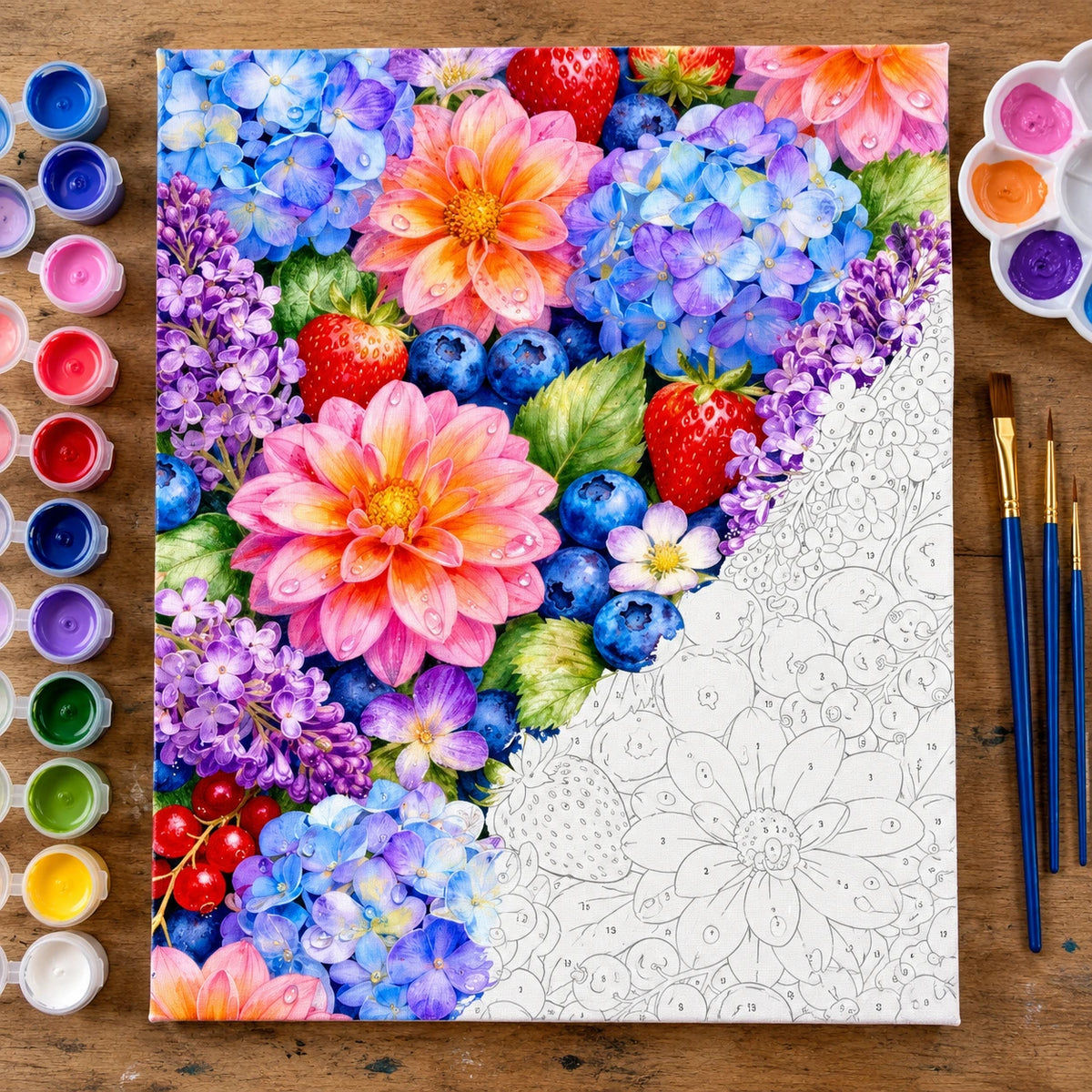 Colorful Dahlias Hydrangeas and Berries numbered canvas being painted with acrylic paints and brushes