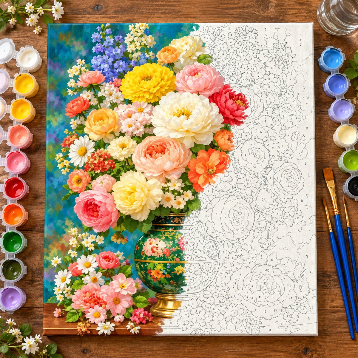 Colorful Flower Vase Bouquet numbered canvas being painted with acrylic paints and brushes
