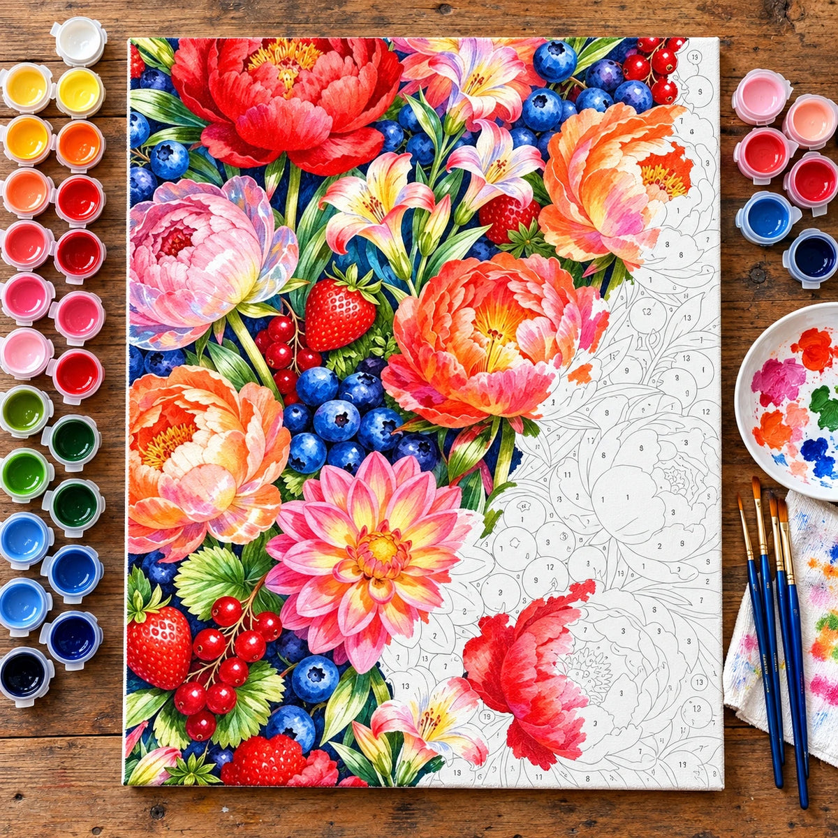 Colorful Peony and Berry Bouquet numbered canvas being painted with acrylic paints and brushes