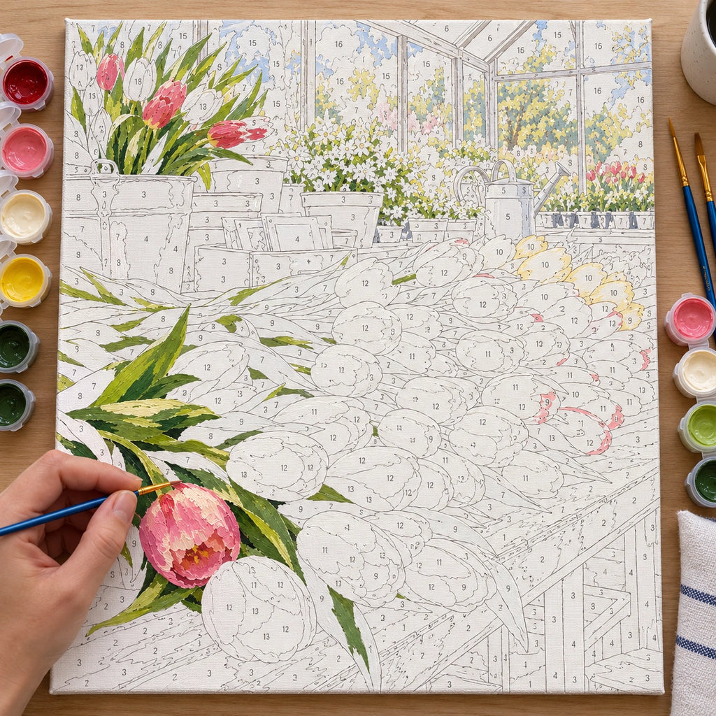 Numbered greenhouse tulip canvas being painted with acrylic colors.