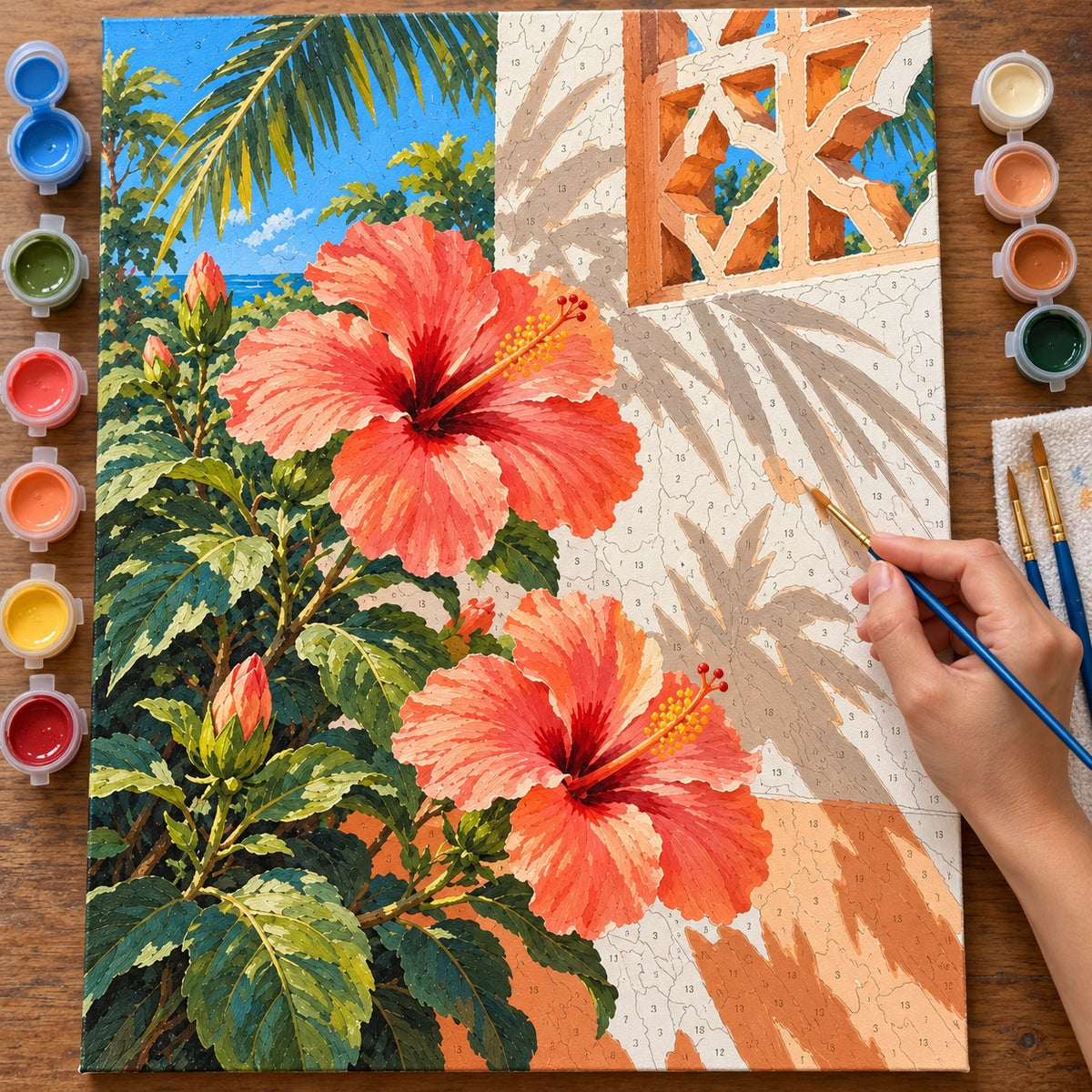 Complete Coral Hibiscus Lattice Patio numbered canvas being painted with acrylic paints and brushes.