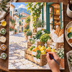 `04-corner-grocer-wooden-crates-painting-process.webp` — Painting process scene for the Corner Grocer Wooden Crates kit, with the complete numbered canvas and painting tools.