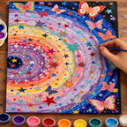 Complete Cosmic Butterflies Starry Spiral numbered canvas being painted with acrylic paints and brushes