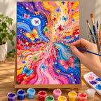 Complete Cosmic Butterfly Nebula Galaxy numbered canvas being painted with acrylic paints and brushes