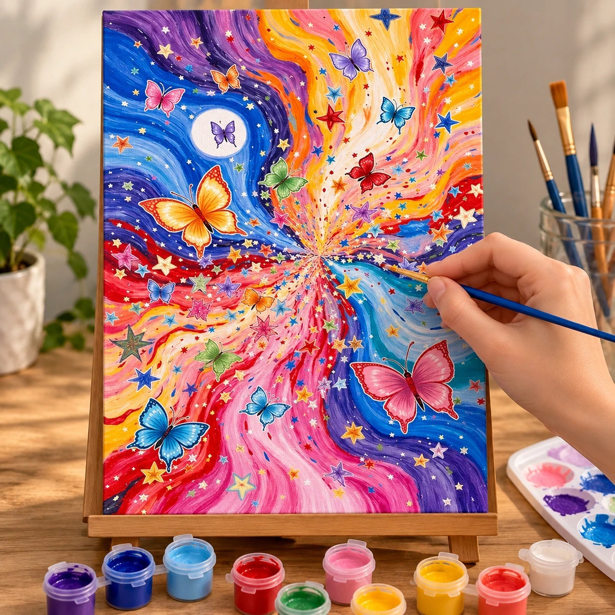 Complete Cosmic Butterfly Nebula Galaxy numbered canvas being painted with acrylic paints and brushes