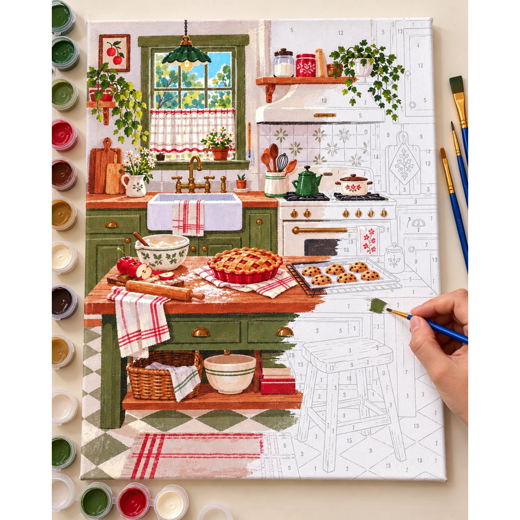 Complete Cottage Apple Pie Baking Kitchen numbered canvas being painted with acrylic paints and brushes.