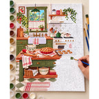 Complete Cottage Apple Pie Baking Kitchen numbered canvas being painted with acrylic paints and brushes.