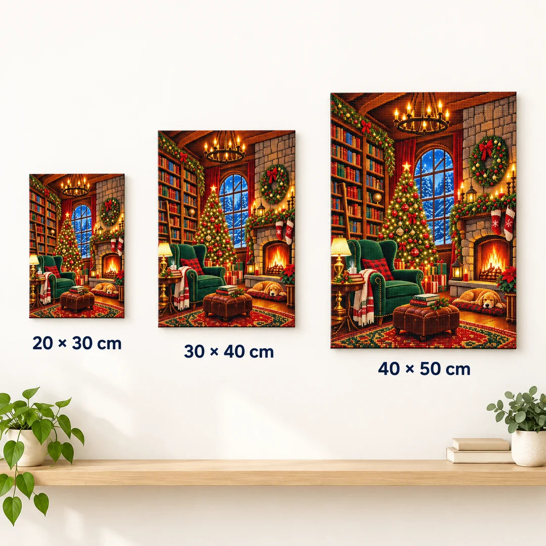 Cozy Christmas Library diamond painting size comparison