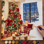 Complete Cozy Christmas Tree with Red Bows by a Snowy Window numbered canvas being painted with acrylic paints and brushes