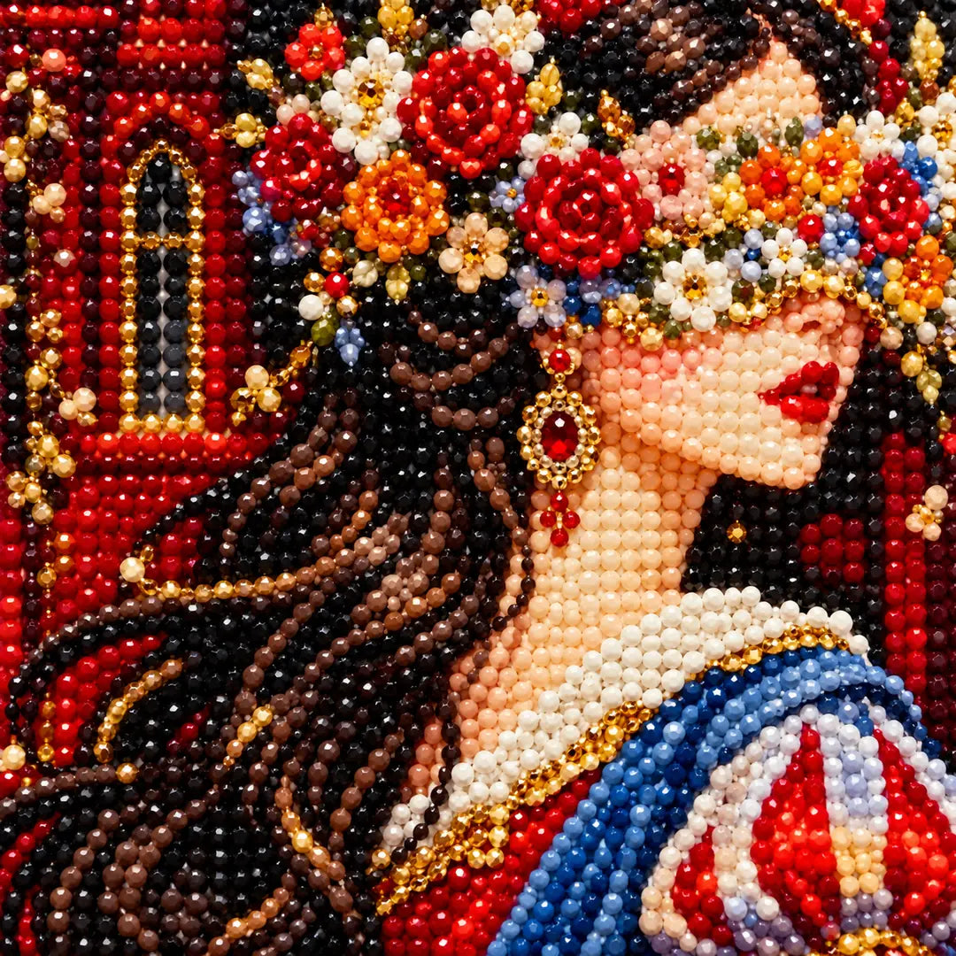 Close-up diamond drill detail of a rose crown and castle bridal portrait