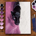 Crimson Shadow Black Panther numbered canvas being painted with acrylic paints and brushes