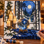 Painting process scene for the Crystal Scrying Candle Window kit, showing its complete numbered canvas and painting tools.