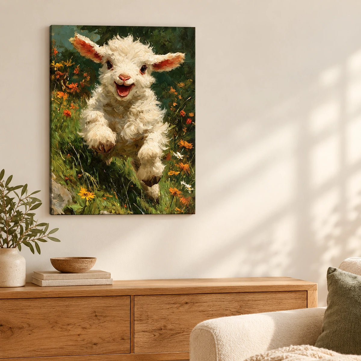Curly Lamb in a Wildflower Meadow numbered paint by numbers canvas being painted with acrylic paints and brushes