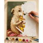 Complete Curly Puppy Eating Pizza numbered canvas being painted with acrylic paints and brushes.