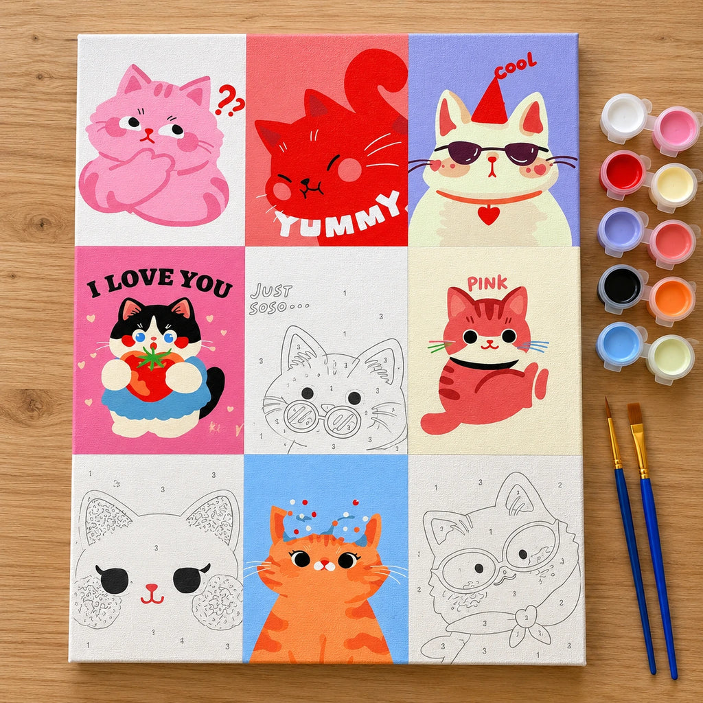 Cute Cat Expression Collage numbered canvas being painted with acrylic paints and brushes
