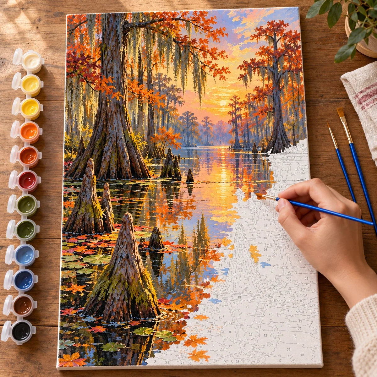 Complete Cypress Swamp Autumn numbered canvas being painted with acrylic paints and brushes