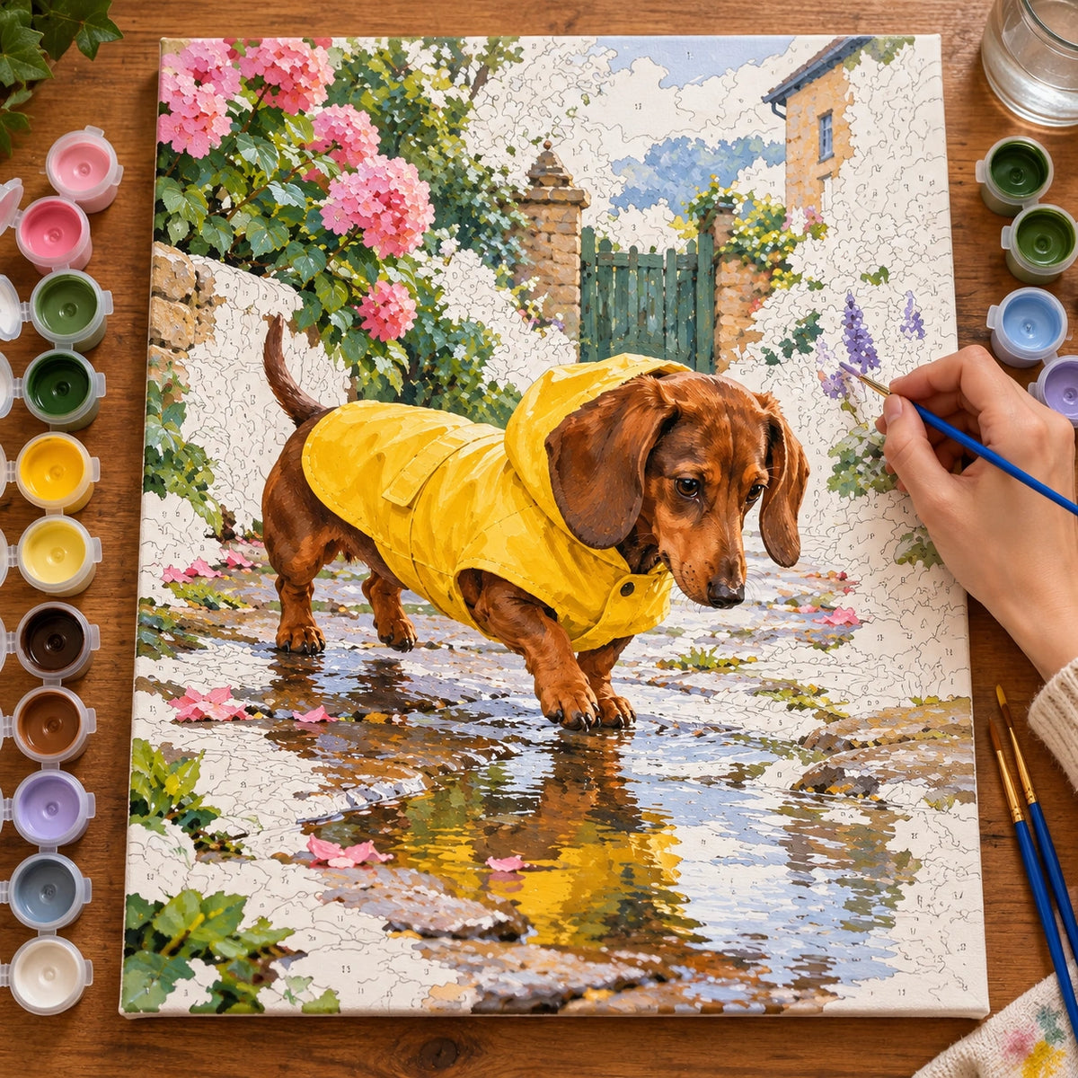 Painting process for Dachshund Raincoat Puddle paint by numbers kit