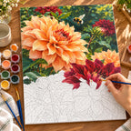 Complete Dahlia Garden Bumblebee numbered canvas being painted with acrylic paints and brushes