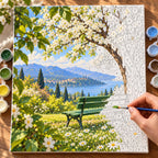 Complete Daisy Lawn Garden Bench numbered canvas being painted with acrylic paints and brushes