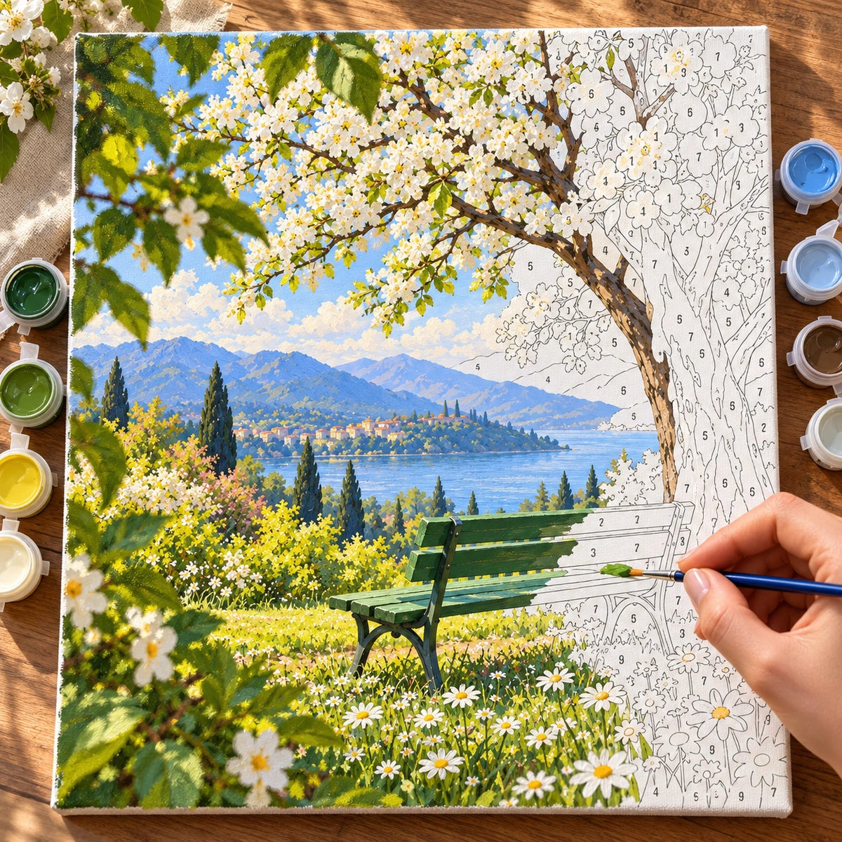 Complete Daisy Lawn Garden Bench numbered canvas being painted with acrylic paints and brushes