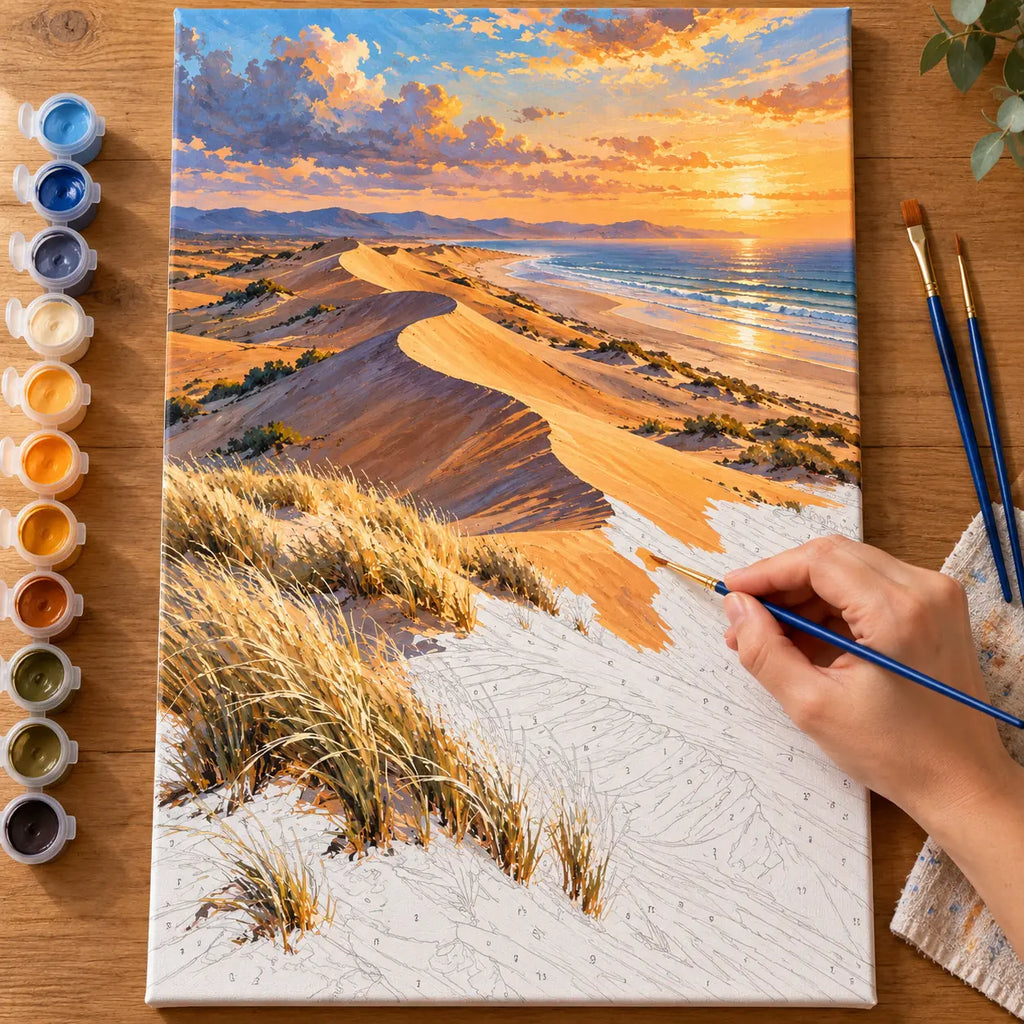 Complete Desert Dune Grass numbered canvas being painted with acrylic paints and brushes