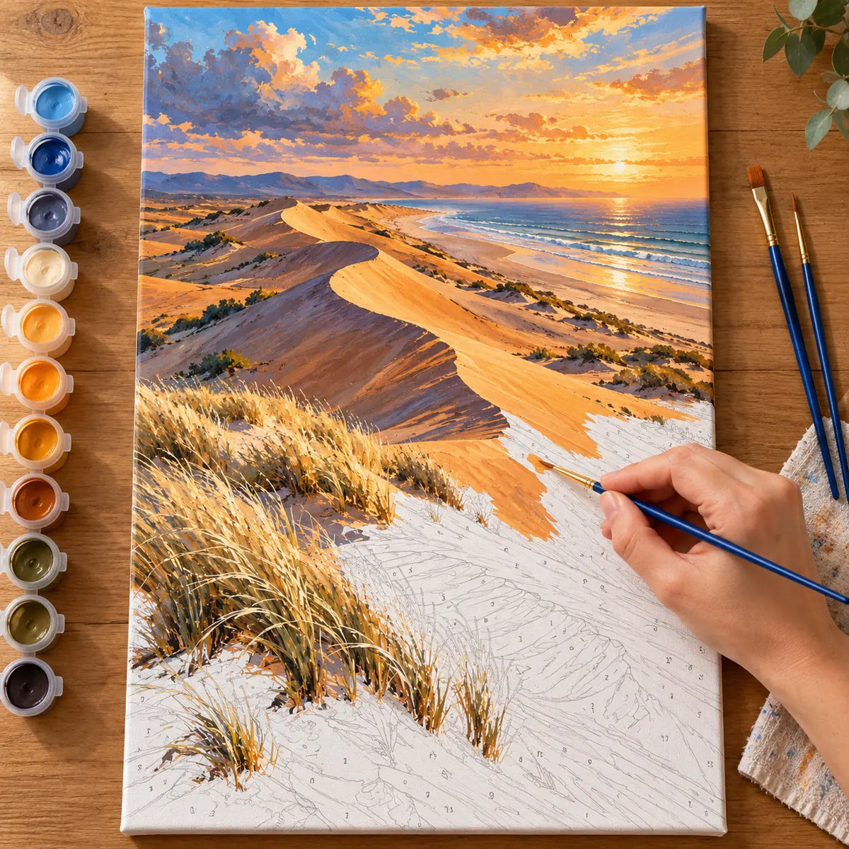 Complete Desert Dune Grass numbered canvas being painted with acrylic paints and brushes