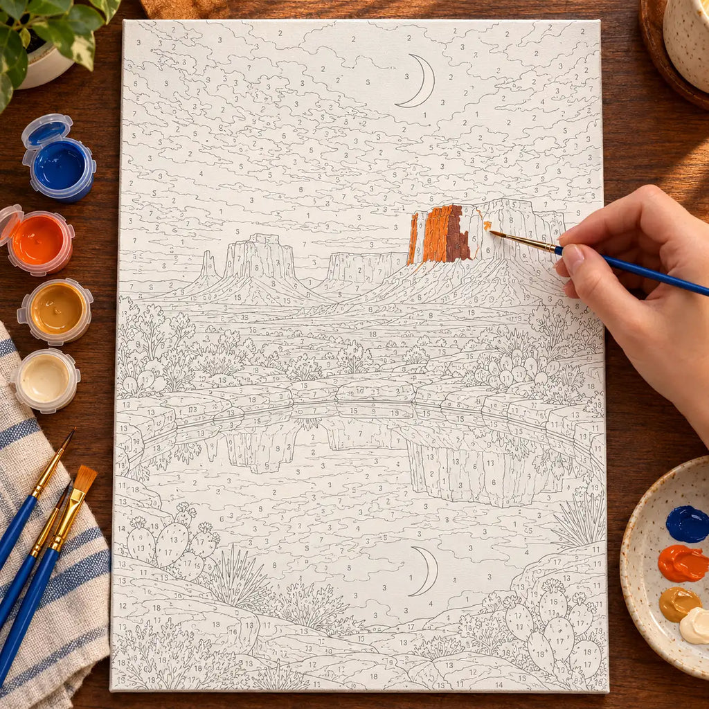Painting process scene for the Desert Mirror Moon Pool kit, with the complete numbered canvas and painting tools.