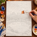 Painting process scene for the Desert Mirror Moon Pool kit, with the complete numbered canvas and painting tools.