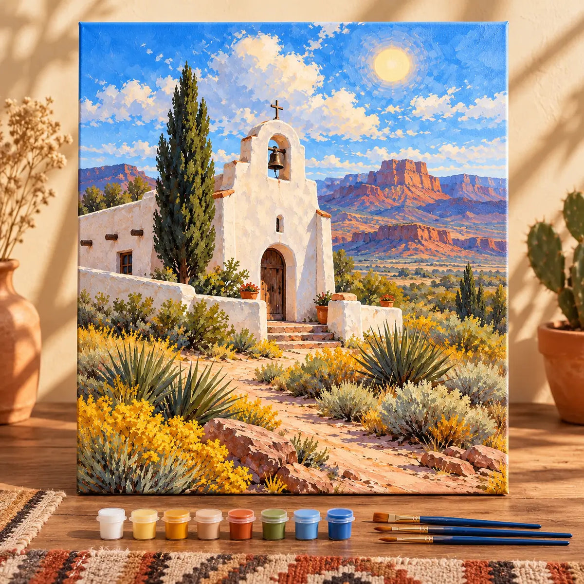 Painting process example for the desert mission bell tower paint by numbers design.