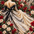 Close-up of the ivory gown and red and white roses in the diamond painting