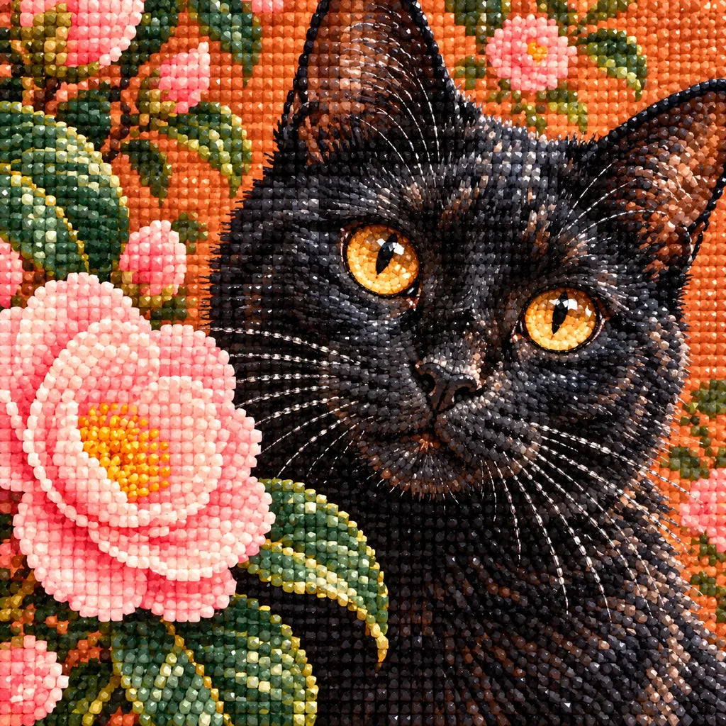 Black cat among pink camellias: close-up of the diamond drills