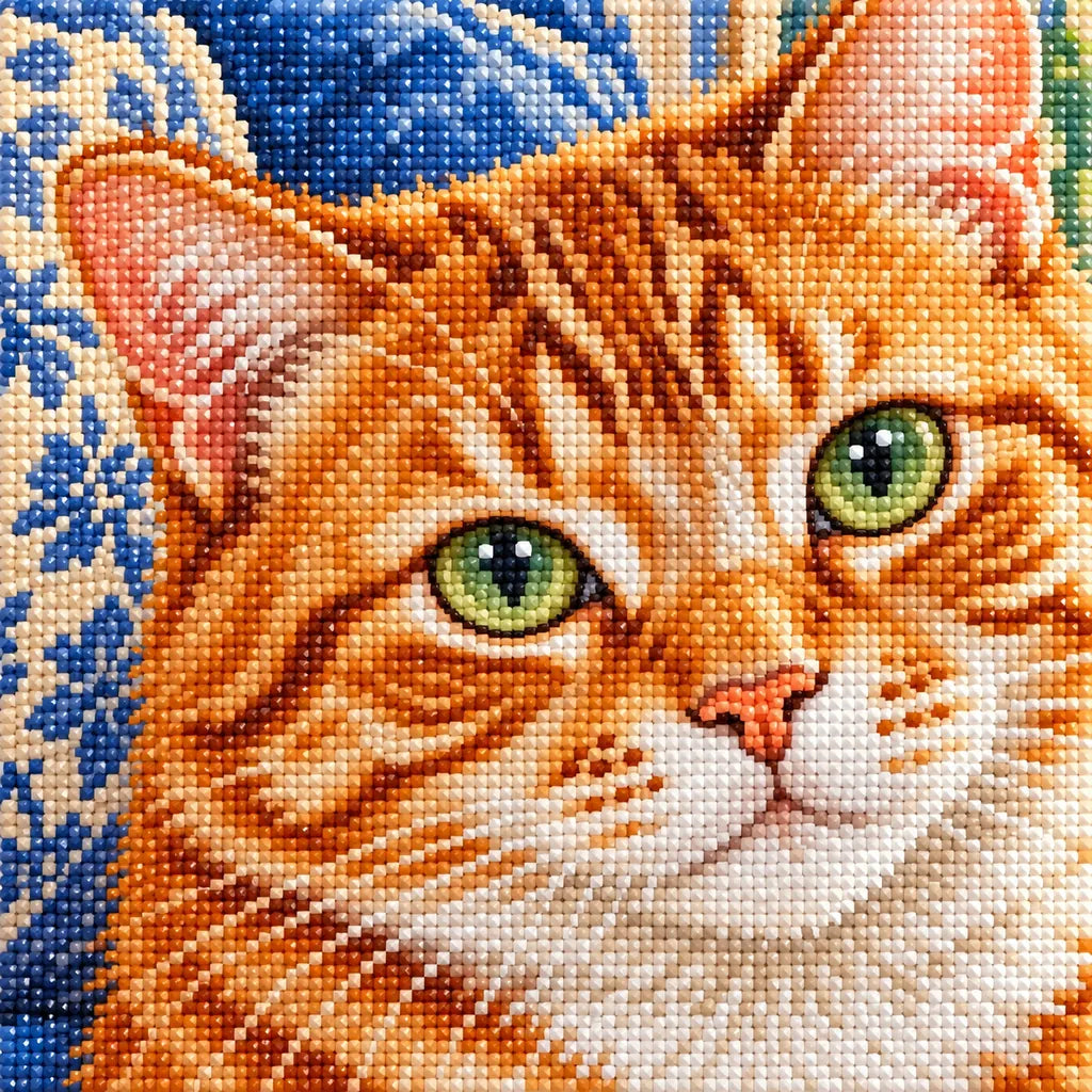Orange tabby reading by a sunny window: close-up of the diamond drills