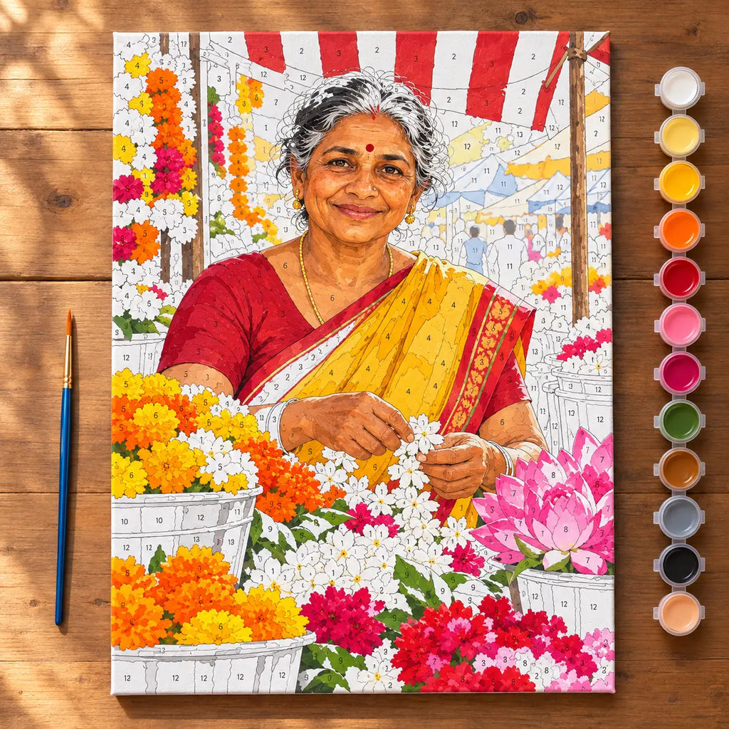 Painting process scene for the Elderly Florist at a Marigold Market Stall kit, showing its complete numbered canvas and painting tools.