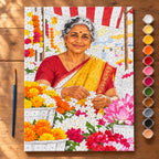 Painting process scene for the Elderly Florist at a Marigold Market Stall kit, showing its complete numbered canvas and painting tools.