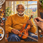 Painting process scene for the Elderly Violinist by a Sunlit Window kit, showing its complete numbered canvas and painting tools.