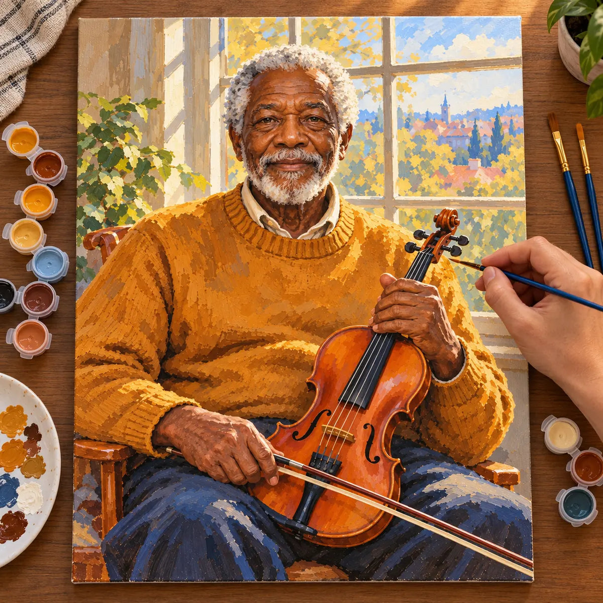 Painting process scene for the Elderly Violinist by a Sunlit Window kit, showing its complete numbered canvas and painting tools.