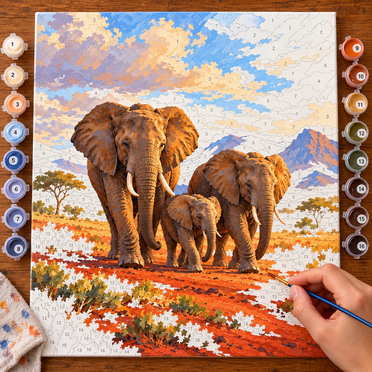 Painting process for Elephant Family on Red Earth paint by numbers kit