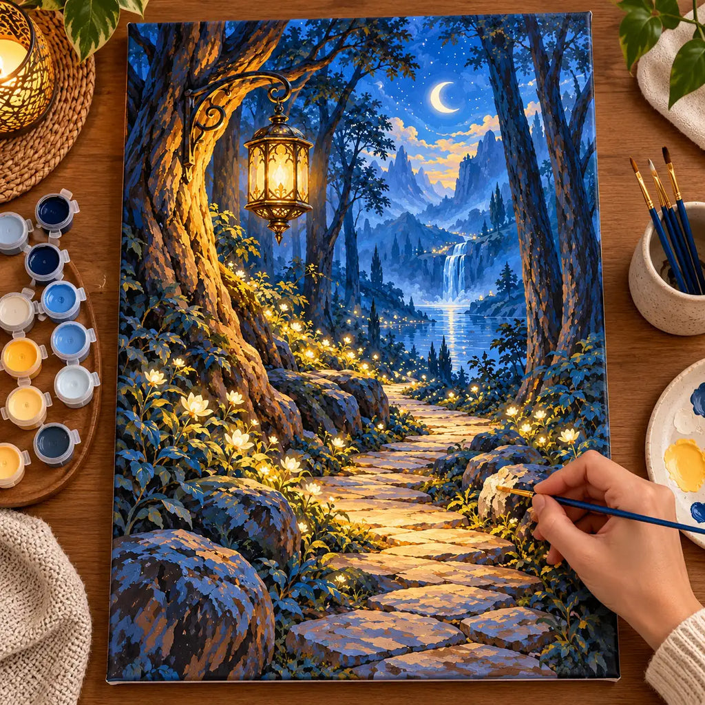 Painting process scene for the Enchanted Lantern Forest Path kit, showing its complete numbered canvas and painting tools.