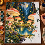 Painting process scene for the Enchanted Mushroom Forest Lake kit, showing its complete numbered canvas and painting tools.