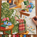 Complete English Cottage Green Wingback Chair and Red Plaid Throw numbered canvas being painted with acrylic paints and brushes