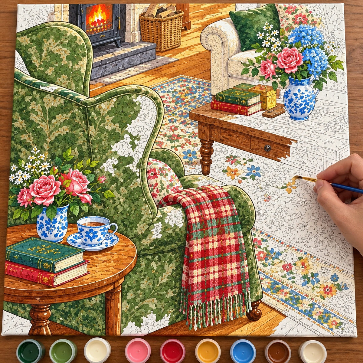 Complete English Cottage Green Wingback Chair and Red Plaid Throw numbered canvas being painted with acrylic paints and brushes