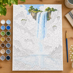 Painting process scene for the Fantasy Waterfall Through Clouds kit, with the complete numbered canvas and painting tools.