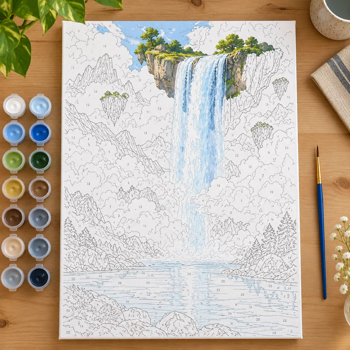 Painting process scene for the Fantasy Waterfall Through Clouds kit, with the complete numbered canvas and painting tools.