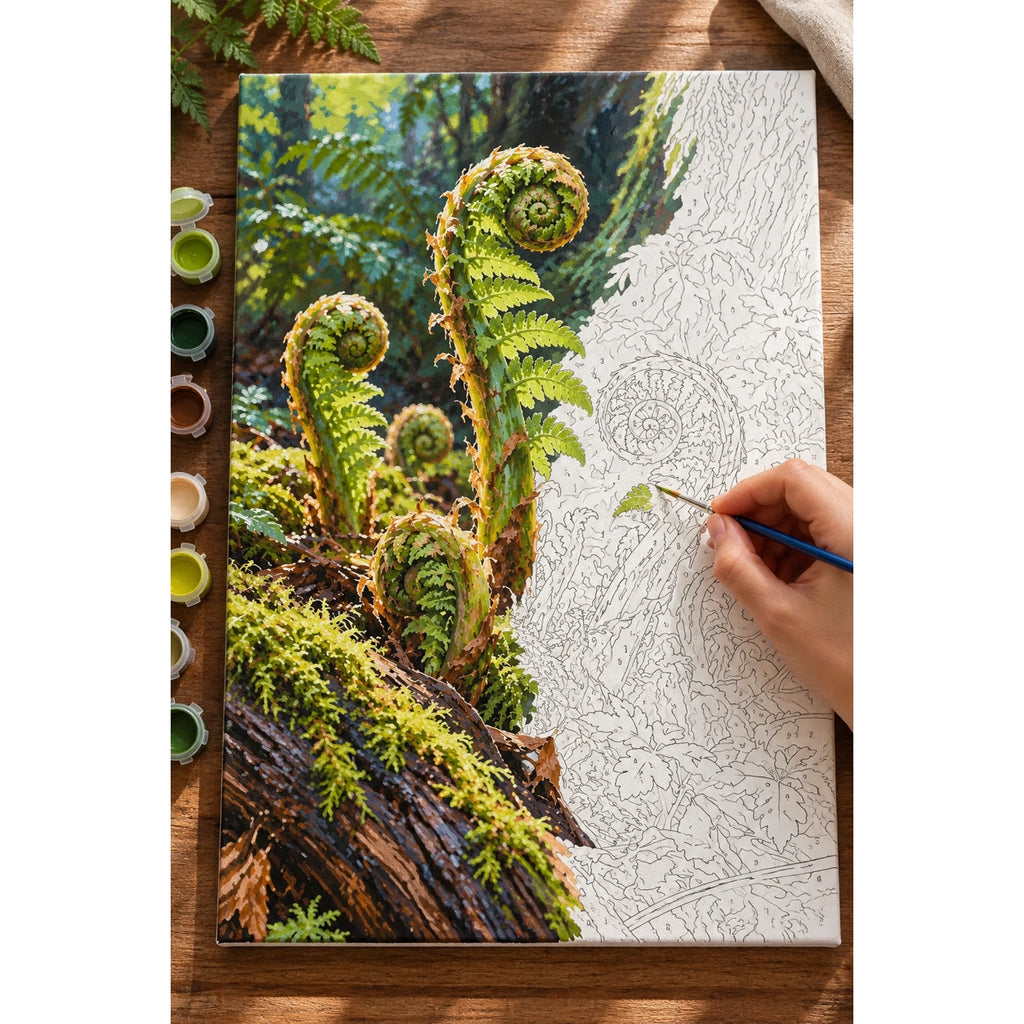 Complete Fern Fiddleheads Unfurling numbered canvas being painted with acrylic paints and brushes