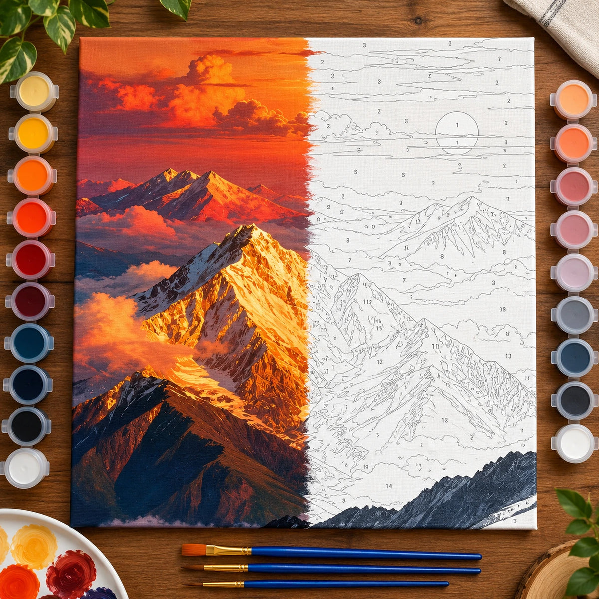 Fiery Sunset Snowy Mountain numbered canvas being painted with acrylic paints and brushes