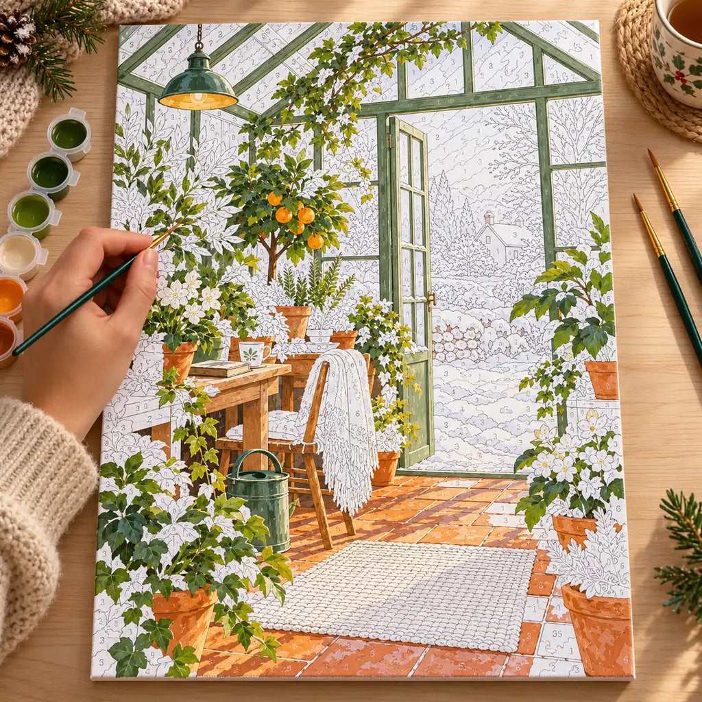Complete First Snow Greenhouse Window Paint by Numbers Kit numbered canvas being painted with acrylic paints and brushes.